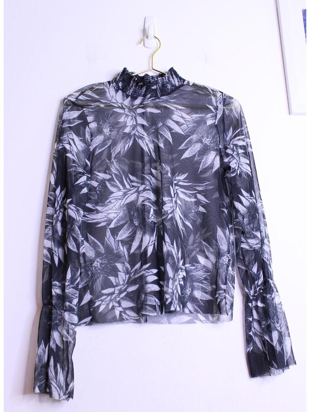 Zara Black White Floral Mesh High Neck Blouse - Small